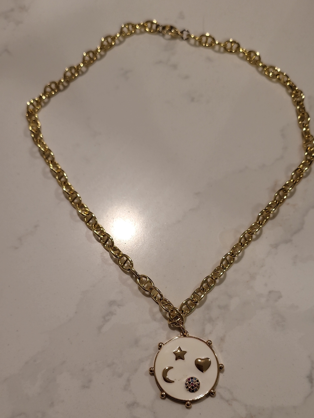 Marlyn Schiff Gold-Tone Necklace with White Enamel Celestial Pendant